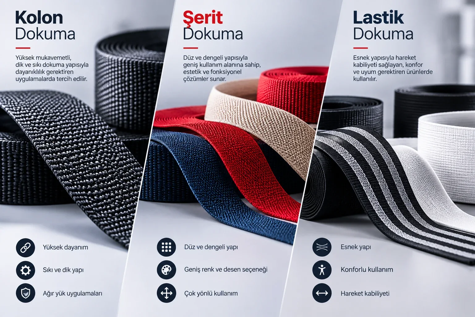 Kolon, şerit ve lastik dokuma arasındaki farklar
